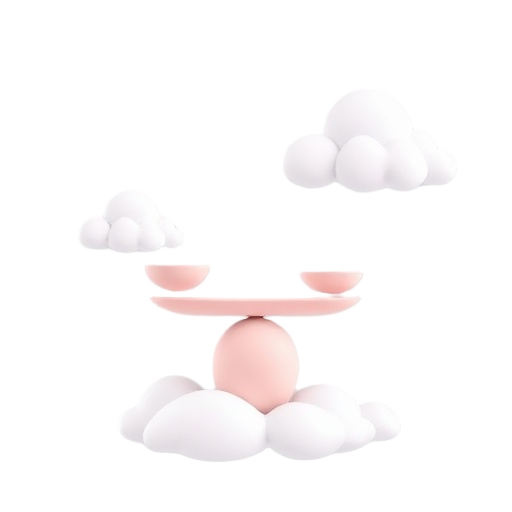 a minimalist balance scale with soft pastel colors, rounded shapes, floating gently in a dreamy cloudy sky, peaceful and calm aesthetic, clean design, no background clutter.