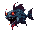 evil fish with glowing red eyes, sharp blade-like fins, dark armored scales, venomous fangs dripping poison, glowing runes on its body, spiked tail weapon. it swims menacingly in murky waters, surrounded by parasitic minions, set against ancient underwate