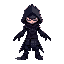 el personaje es una figura pixel art con una capa oscura y capucha, ojos brillantes y un aire misterioso. su estilo gótico y metroidvania lo muestra en distintas poses, incluyendo un salto ágil y diná