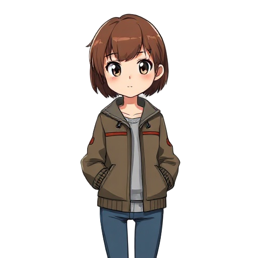 young woman wearing a board jacket with short brown hair