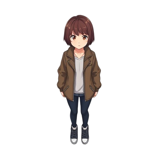 young woman wearing a board jacket with short brown hair
