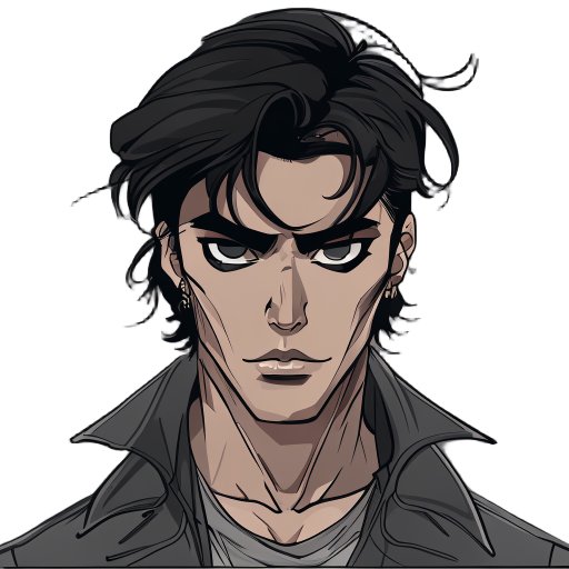 kaoru - o reflexo vivo (homem) estilo: noir urbano dos anos 80. cabelo: médio e bagunçado, com franja sobre os olhos. olhos: intenso e determinado, como se estivesse sempre atento ao redor. roupa: