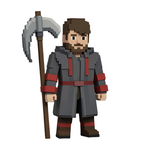 um ceifador em pixel art, ele segura uma foice, manto cinza escuro com mangas e barras avermelhadas 