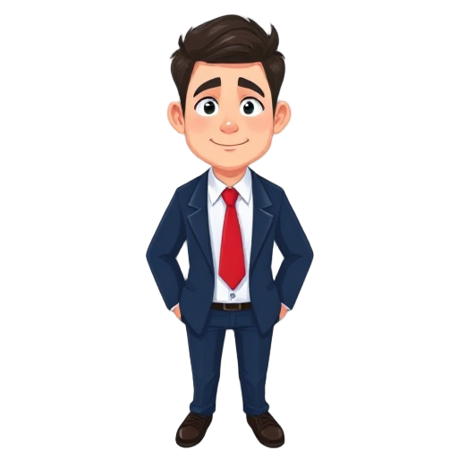 young male office worker in a navy blue business suit and bright red necktie, age 30, neat medium-length dark hair, slightly tired but friendly expression