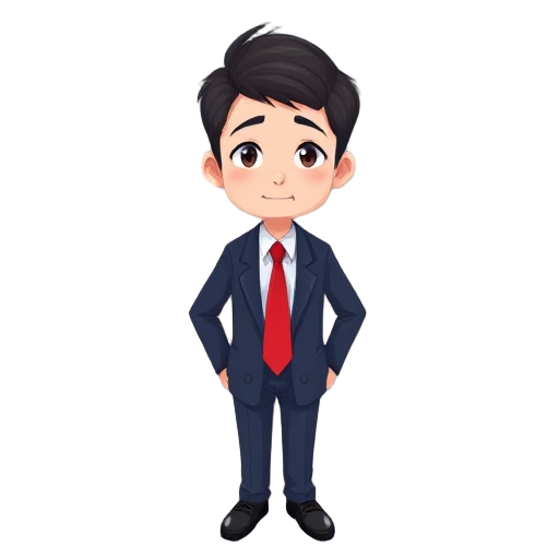 young male office worker in a navy blue business suit and bright red necktie, age 30, neat medium-length dark hair, slightly tired but friendly expression, japan anime style