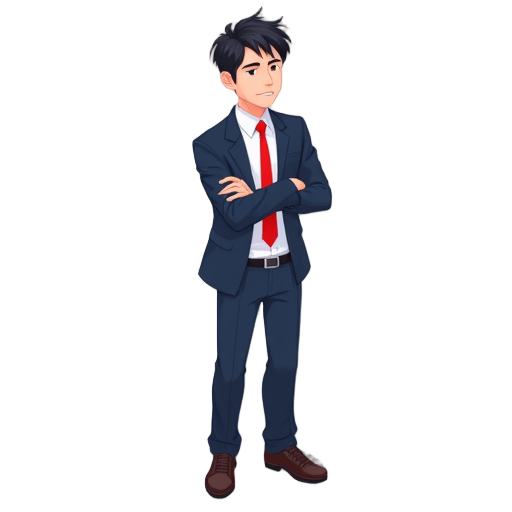 young male office worker in a navy blue business suit and bright red necktie, age 30, neat medium-length dark hair, slightly tired but friendly expression, anime style