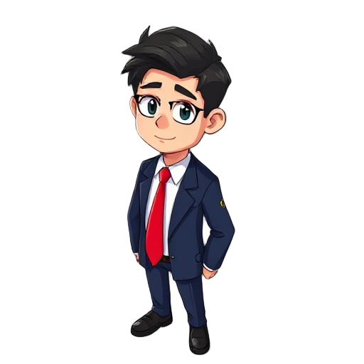 young male office worker in a navy blue business suit and bright red necktie, age 30, neat medium-length dark hair, slightly tired but friendly expression, anime style