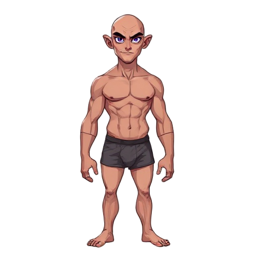 2d game character, full body, complete from head to toes, stylized digital painting inspired by hades 2, young adult male adventurer (around 25-30 years old), muscular build, bald (no hair), striking purple eyes, clean-shaven (no beard or facial hair), we