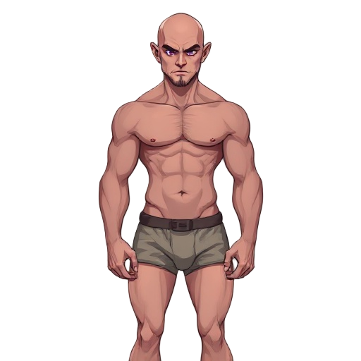 2d game character, full body, complete from head to toes, stylized digital painting inspired by hades 2, young adult male adventurer (around 25-30 years old), muscular build, bald (no hair), striking purple eyes, clean-shaven (no beard or facial hair), we