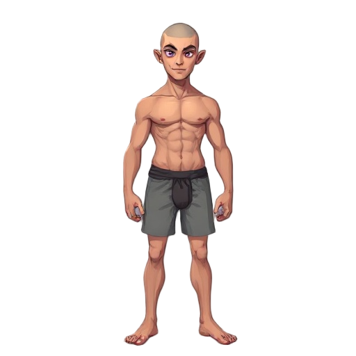 2d game character, full body, complete from head to toes, stylized digital painting inspired by hades 2, young adult male adventurer (around 25-30 years old), muscular build, bald (no hair), striking purple eyes, clean-shaven (no beard or facial hair), we