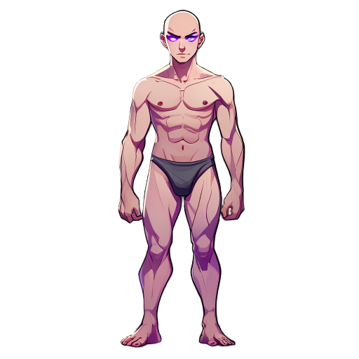 2d game character, full body, complete from head to toes, stylized digital painting inspired by hades 2, young adult male adventurer (around 25-30 years old), muscular build, bald (no hair), striking purple eyes, clean-shaven (no beard or facial hair), we