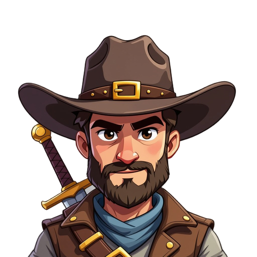 man with a cowboy hat, and sword behind