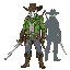 man with a cowboy mask, green jacket, sword on behind