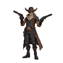 a full-body concept art of a "bullet troubadour" – a stylish gunslinger who blends music and firearms in a fantasy-meets-futuristic setting.