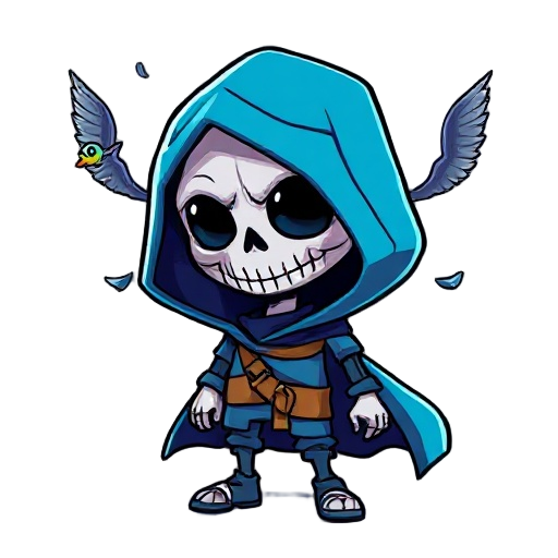 faça um personagem caveira com uma capa azul com uma cabeça de caveira flutuante com chifres