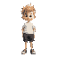 boy with spiky blond hair, white shirt and dark gray shorts 
