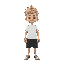 boy with spiky blond hair, white shirt and dark gray shorts 
