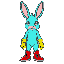 create a rabbit aqua with red shoes and yellow gloves
