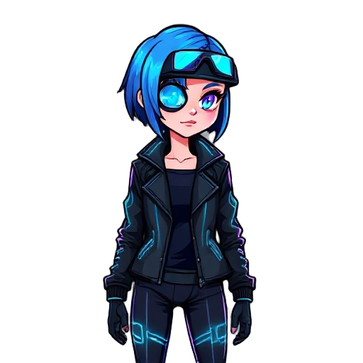 create a 2d sprite of a cyberpunk woman character. she has short neon-blue hair, a high-tech visor over one eye, and wears a sleek black leather jacket with glowing circuitry lines. her outfit include