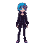create a 2d sprite of a cyberpunk woman character. she has short neon-blue hair, a high-tech visor over one eye, and wears a sleek black leather jacket with glowing circuitry lines. her outfit include