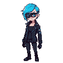 create a 2d sprite of a cyberpunk woman character. she has short neon-blue hair, a high-tech visor over one eye, and wears a sleek black leather jacket with glowing circuitry lines. her outfit include