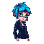 create a 2d sprite of a cyberpunk woman character. she has short neon-blue hair, a high-tech visor over one eye, and wears a sleek black leather jacket with glowing circuitry lines. her outfit include