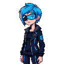 create a 2d sprite of a cyberpunk woman character. she has short neon-blue hair, a high-tech visor over one eye, and wears a sleek black leather jacket with glowing circuitry lines. her outfit include