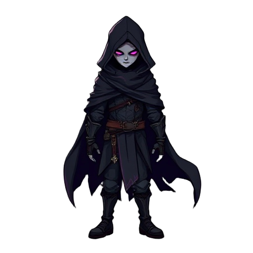 "design a 2d side-scroller video game sprite of a charismatic but dark hero for a metroidvania-style game. the character wears a tattered dark cloak with subtle glowing accents (like crimson or violet