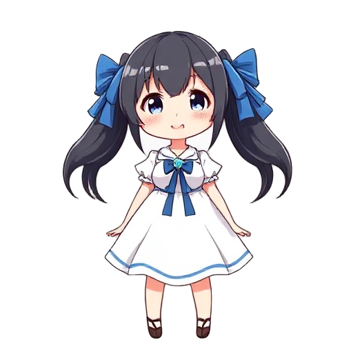 anime girl, hestia from danmachi, front view, white dress with blue ribbon, large chest, black twin tails with blue bows, soft lighting, cute smile, visual novel style, rpg character, clean 2d anime