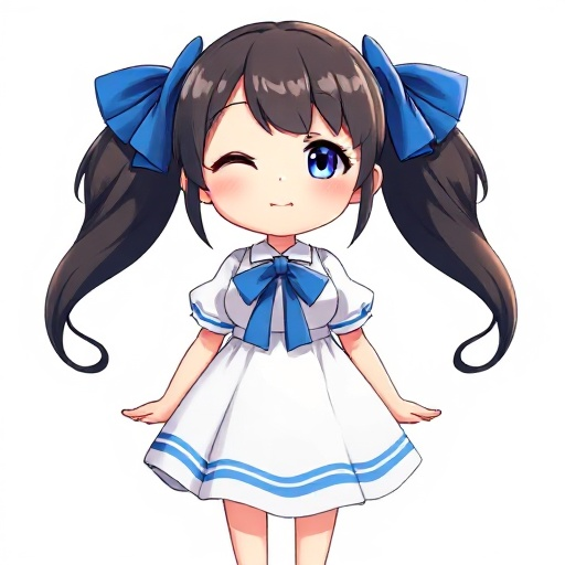 anime girl, hestia from danmachi, front view, white dress with blue ribbon, large chest, black twin tails with blue bows, soft lighting, cute smile, visual novel style, rpg character, clean 2d anime