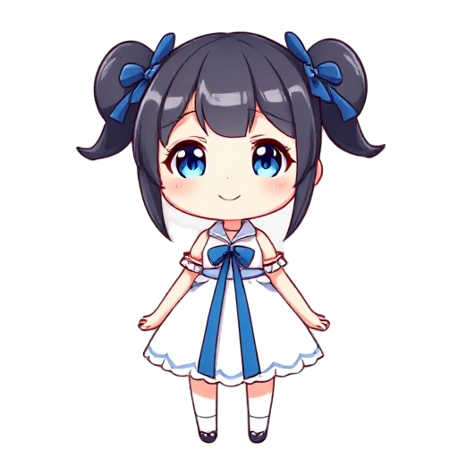 anime girl, hestia from danmachi, front view, white dress with blue ribbon, large chest, black twin tails with blue bows, soft lighting, cute smile, visual novel style, rpg character, clean 2d anime