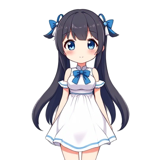 anime girl, hestia from danmachi, front view, white dress with blue ribbon, large chest, black twin tails with blue bows, soft lighting, cute smile, visual novel style, rpg character, clean 2d anime