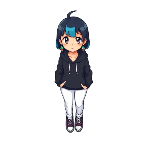 game boy pokémon red-style 8-bit sprite of a full-body asian girl with short black/blue hair, wearing a black hoodie shirt, white pants and colorful earrings. 