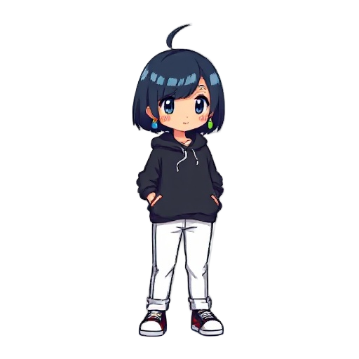 game boy pokémon red-style 8-bit sprite of a full-body asian girl with short black/blue hair, wearing a black hoodie shirt, white pants and colorful earrings. 