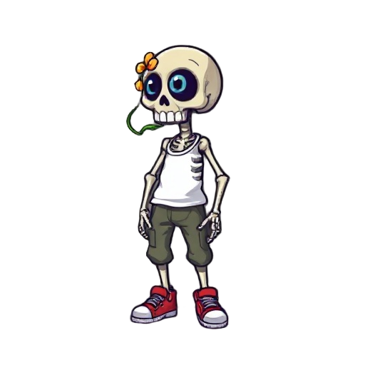 name: seriftype: friendly skeleton (humanoid)style: pixel artvisual highlight: a flower with a single eye in the center, growing from one of serif's eye sockets.the flower's roots extend wearing cargo pants, white shirt and red sneakers 