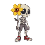 name: seriftype: friendly skeleton (humanoid)style: pixel artvisual highlight: a flower with a single eye in the center, growing from one of serif's eye sockets.the flower's roots extend wearing cargo pants, white shirt and red sneakers 