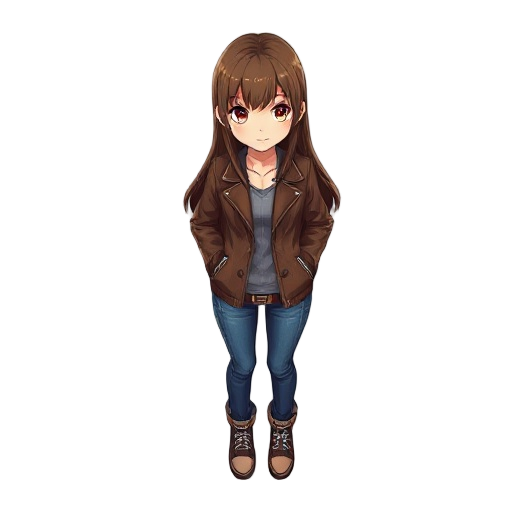 detailed, girl, long brown hair, non anime style, brown leather jacket, jeans