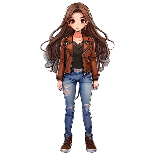 detailed, girl, long brown hair, non anime style, brown leather jacket, jeans