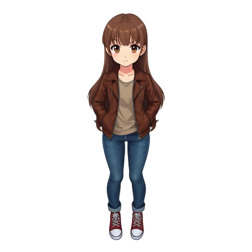 detailed, girl, long brown hair, non anime style, brown leather jacket, jeans