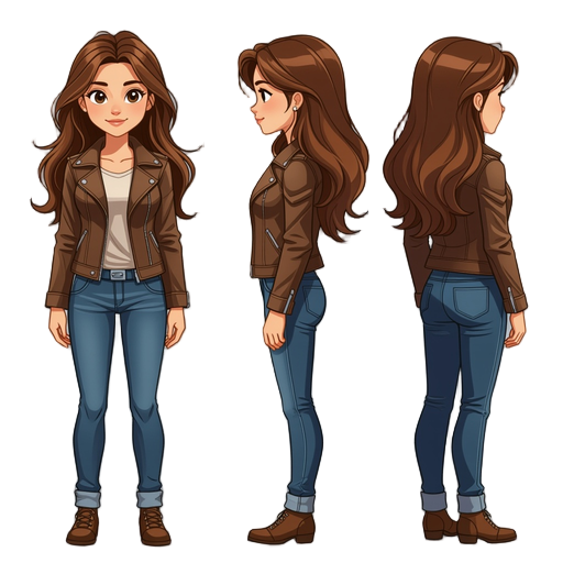 detailed, girl, long brown hair, non anime style, brown leather jacket, jeans