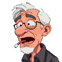 pixel art of an old man zoomed in with mouth open and an airpod resting on his tongue 