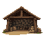 medieval wood and stones  open  stacked wood and stones with a wooden covered part, something like a covered camp  designed for a retro style farming simulation game.