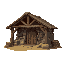medieval wood and stones  stacked wood and stones with a wooden covered part, something like a covered camp  designed for a retro style farming simulation game.