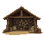 medieval wood and stones  open  stacked wood and stones with a wooden covered part, something like a covered camp  designed for a retro style farming simulation game.