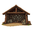 medieval wood and stones  open  stacked wood and stones with a wooden covered part, something like a covered camp  designed for a retro style farming simulation game.