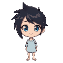 a 19-year-old young woman in anime style, with a modern and energetic look. she has short, spiky black hair swept to the side. her eyes are large, bright blue, and have a sweet, friendly expression. s