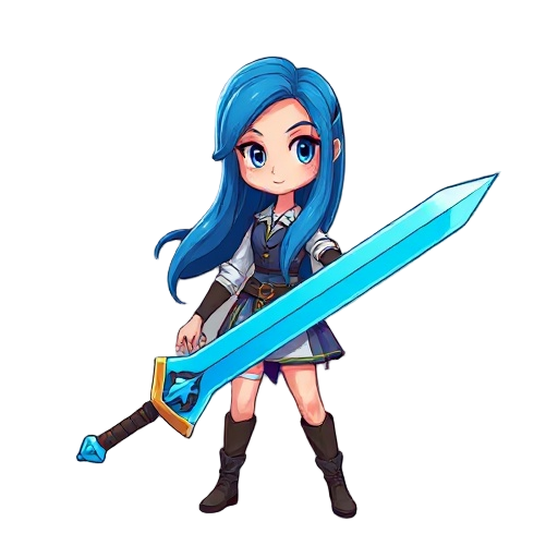 a woman, blue sword, blue long hair