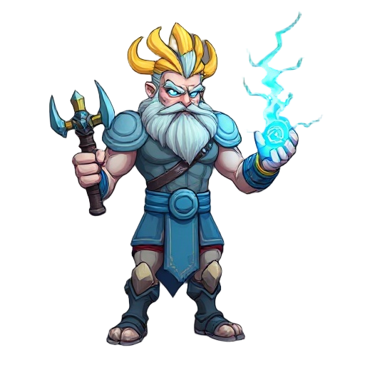 zeus, terraria style, muscluar, blue lightingbolt in hand