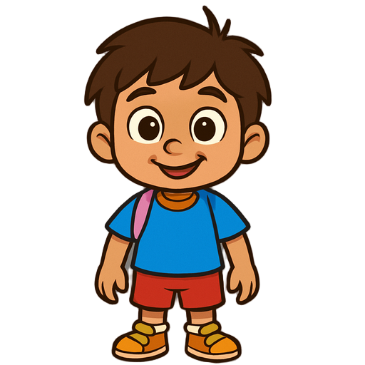"a cheerful cartoon-style boy character sprite for a children's educational adventure game, similar to the style of dora the explorer. the boy has expressive eyes, friendly smile, and wears a colorful