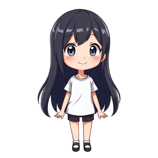 1 girl, black hair, white eyes, long hair, t shirt, cheerfull expresision, anime style, very detailed, sprite